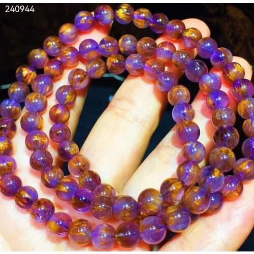 Natural Cacoxenite Auralite 23 Purple Rutilated Quartz 3 Laps Bracelet 6.6mm Clear Round Beads Bangle Women Men Genuine AAAAAA