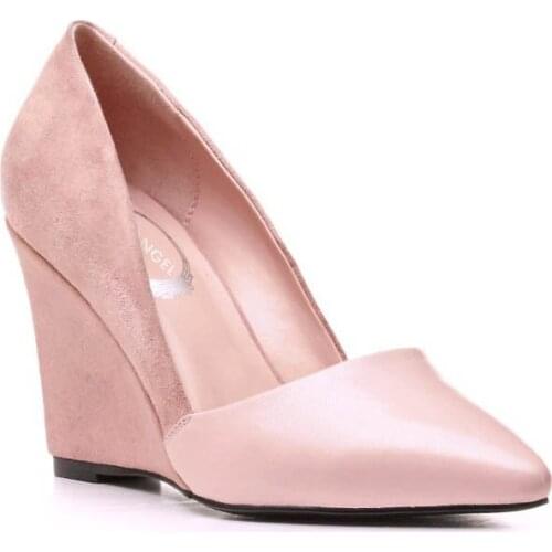 2020 New Wedges Shoes Womens Pumps Top Fashion High Heel Shoes Point Toe Footwear Slip On Party Shoes Sheepskin Genuine Leather