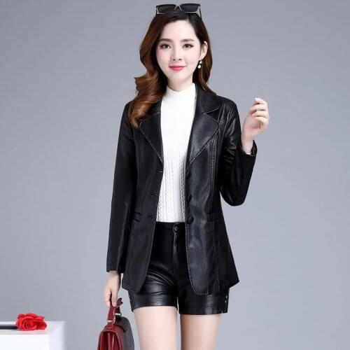 2021 New Motorcycle Leather Coat Female Slim Long Womens Clothing Fashion Leisure Plus Size 6XL Womens Leather Jacket Black