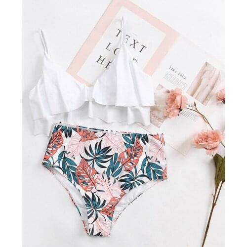 2021 newest Summer Women Casual Two-piece Swimwear Set White V-neck Solid Color Bikini Tops and Shorts