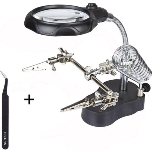 New Magnify Glass 3.5x 12X 3rd Helping Clip LED Lighting Handheld Magnifying Soldering Iron Stand Glass Len Magnifier repair