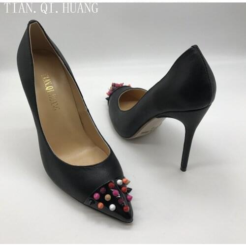 New Arrival Rivet Styles Womens Pumps Genuine leather Apricot High Heels Shoes Woman High Heels Wedding Brand TIAN.QI.HUANG