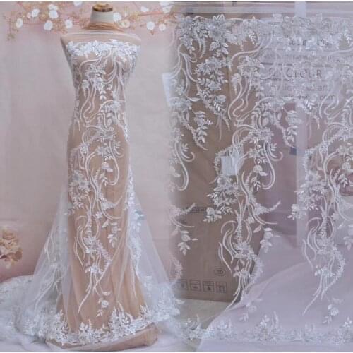 Offwhite embroidery African net lace fabric S-11954 with beads French tulle lace material for wedding dress