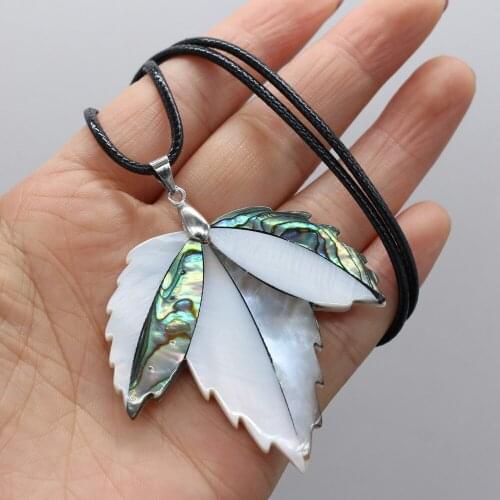Natural Shell Leaf Shape Mother of Pearl Shell Trendy Wax Thread Necklace Pendant Gift for Women Size 52x52mm Length 55cm