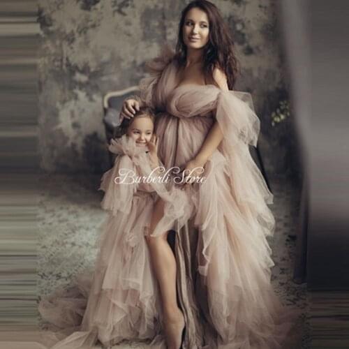 Mom And Daughter High Low Tulle Long Maternity Dress For Photoshoot Women Dresses To Babyshower Bridal Gowns Tulle Prom Gowns