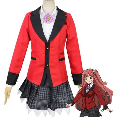 Full Set Cosplay Costumes Anime Kakegurui Yumemite Yumemi Japanese School Girls Uniform Jacket+Shirt+Skirt+Stockings+Flower+Pant