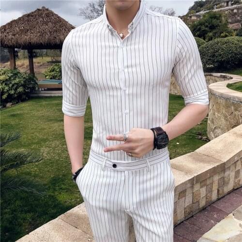 White Stripe Mens Shirts Dress Social Club Camisas Para Hombre Mens Shirts Casual Slim Fit Erkek Gomlek Black Mens Fashions