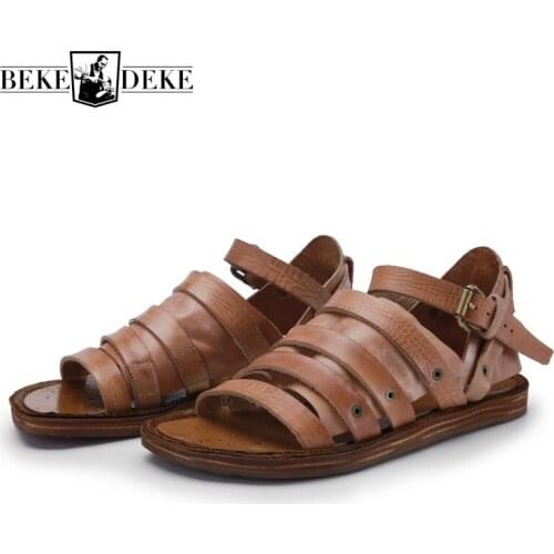 Handmade 100% Real Leather Sandals Men Summer British Retro Flat Gladiator Sandals Lovers Open Toe Beach Buckle Strap Sandals