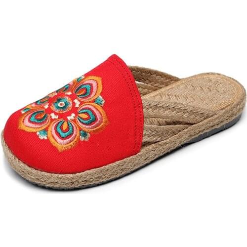 Women Canvas Shoes Slipper Flower National Style Hemp Summer Round Toe Flip Flop Flat Platform Fashion Creative Embroider Loafer