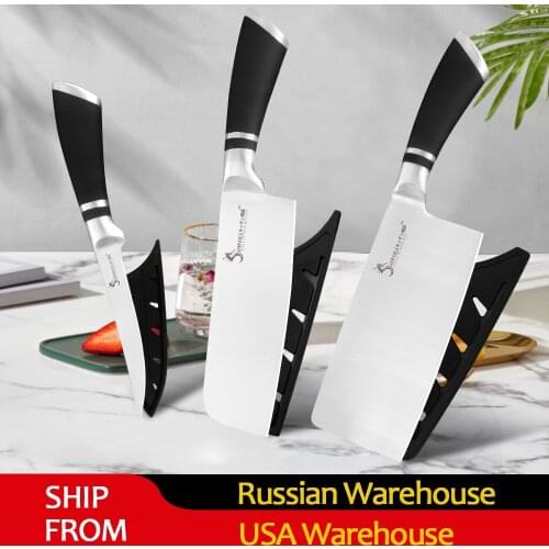 SOWOLL Stainless Steel Knife Set Cooking Kitchen Knives 3 Pcs Set Boning Cleaver Chopping Nakiri Knife Tools Gift Knife Cover