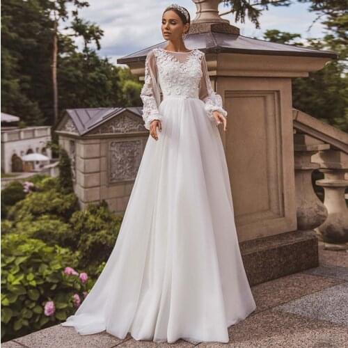 Boho A Line Wedding Dress Sheer Puff Long Sleeves Scoop Neck 3D Flowers Garden Bridal Gowns Elegant 2021 Robe de mariee