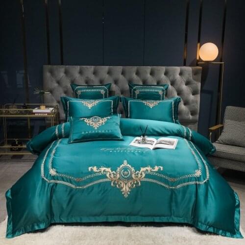 Dark Green Luxury Satin Silk Cotton Gold Embroidery Bedding Set Queen King Duvet Cover Set Bed Sheet Pillowcases Home Textile