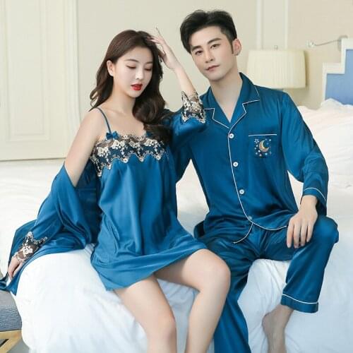 Couples Nightwear Women Peacock Blue Home Clothes Homewear Lovers Satin Sleepwear Summer New 2PCS Casual Pajamas Suit