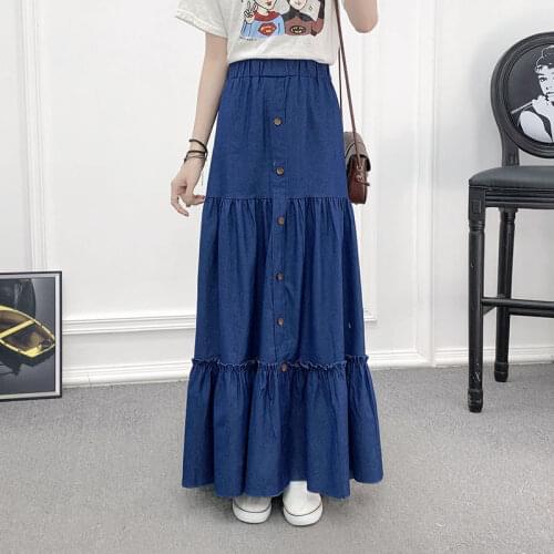 Women 90cm Length Denim Tiered Maxi Skirt Spring Summer Casual High Waisted Washed Loose Long Cake Jeans Skirts
