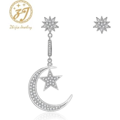 Zhijia Newest Shiny Crystal Star Moon Earrings Asymmetry Charming Earrings for Women Fashion Jewelry dress party accessories
