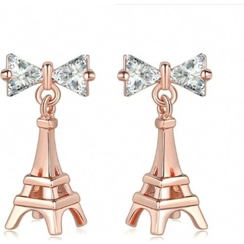 TRACYSWING Drop Earrings for Women Eiffel Tower Shape Unique Bowknot Crystal Gift Fashion Jewelry TWE003