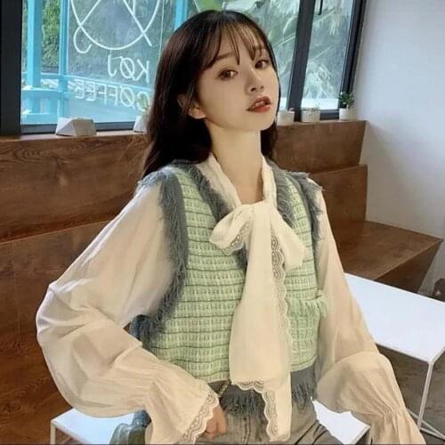 Knit Sweater Vest Women 2020 Spring Korean Style Vintage Plaid Tassel Pocket V Neck Sleeveless Pullover Short Waistcoat T549