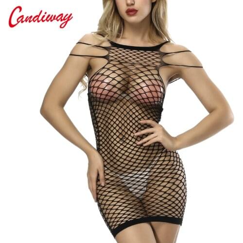 Candiway Fashion Elastic Spider Web Hollow Three Point Transparent Body Harnes Erotic Lingerie Plus Size Mini Dress