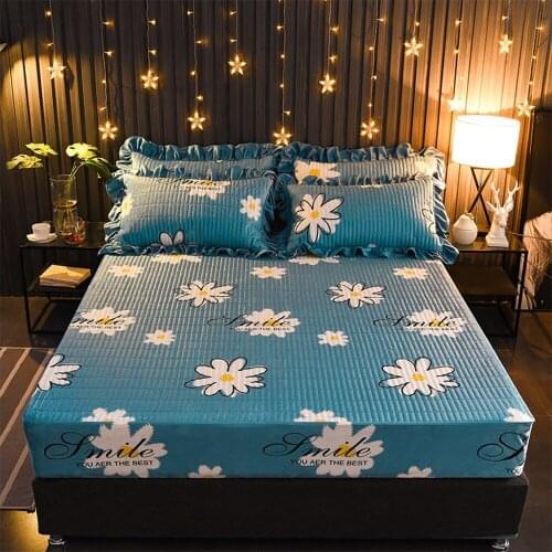 Blue Flower Winter Fitted Sheet Universal 30cm Mattress Cover Crystal Velvet Thicken Warm Quilted Cotton Bed Sheets and Pillowca