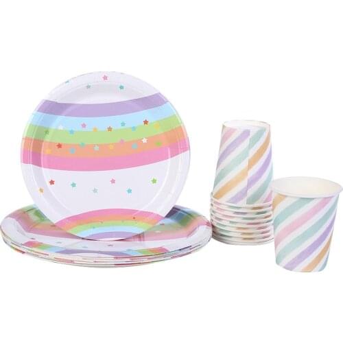 Rainbow Party Plate Dish Cup Cake Fruit Paper Trays Disposable Cutlery 10Pieces