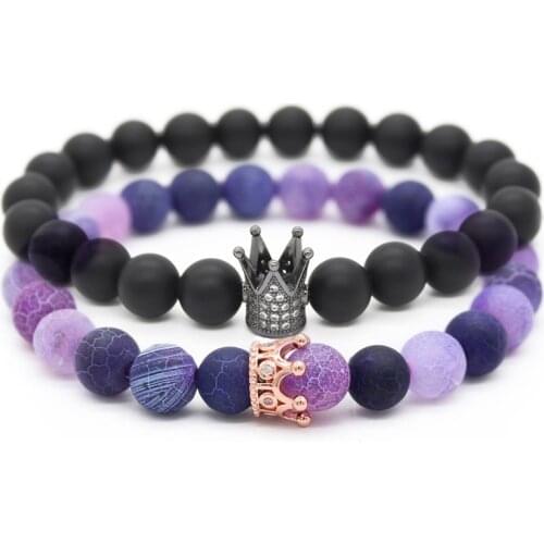 2Pcs/Set Crystal Crown King Queen Couple Bracelet for Lovers 8mm Natural Stone Beaded Bracelets & Bangles Gift MBR170283