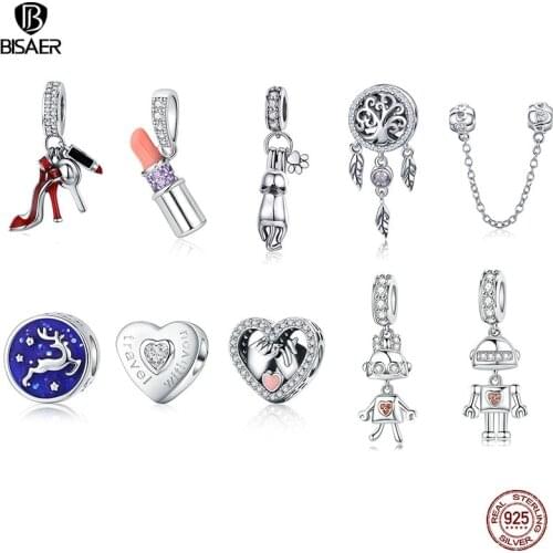 BISAER Animal Beads Silver Color Copper Little Cat Bear Beads Heart Wave Charms fit Bracelets Vintage DIY Jewelry Accessories