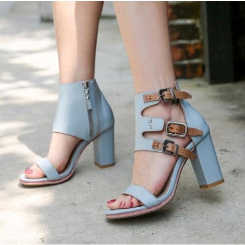 Blue Yellow 100% Genuine Leather Zipper Buckles 80 mm Rough Heels One Line High Heel Sandals Open Toe Summer Cow Leather Shoes