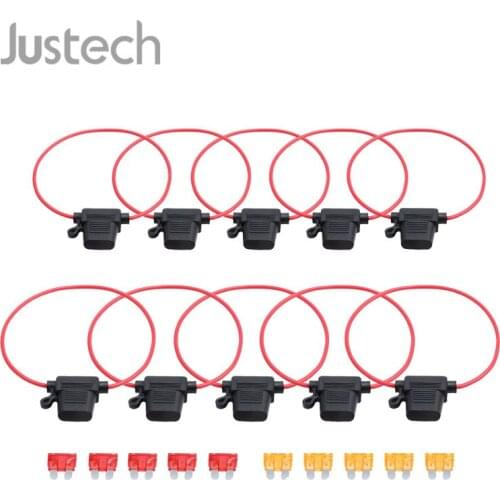 Justech 10 Pcs ATO Standard Blade Inline Fuse Holder Kit With Waterproof Dustproof Cover For Car Boat RV 12V 16AWG Fuse Holder