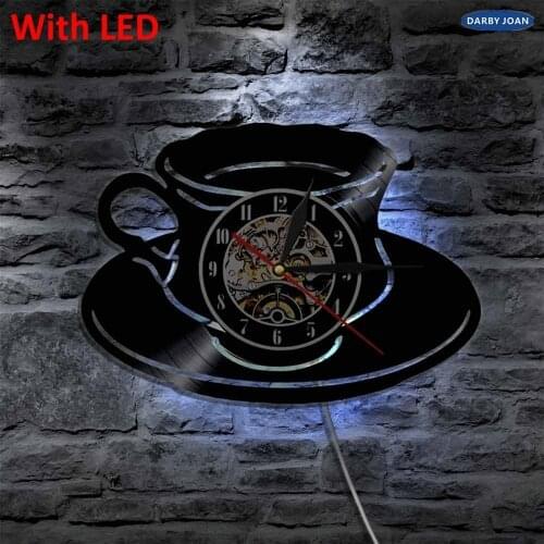 Coffee Tea Cup Handmade LED Vinyl Clock Silhouette Wall Light Remote Control Art Backlight Cool Living Room Color Change
