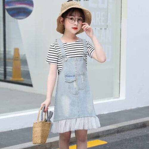 IENENS Summer Girl Clothes Sets Short Sleeve T-shirt + Denim Dress Fit 4-13 Years Kids Clothing Child Casual Outfits Baby Suits