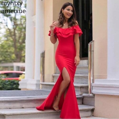 Custom Shoulder Ruffles Red Evening Dresses Mermaid Style Formal Party Dress Front Split Long Gown Robe De Soiree Plus Size