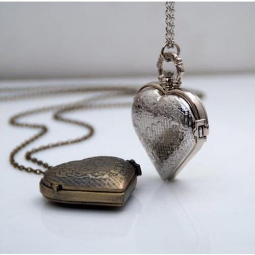 Fashion Silver bronze Heart Shape Long Necklace Pendant Women Girl Vintage Quartz Pocket Watch Hollow Steampunk Lovers Gift