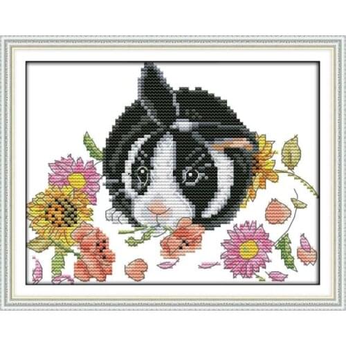 Joy Sunday DIY Cross Stitch Kits Bunny In The Flowers Pattern Printed Suitable for The Living Room Chinese Embroidery Needlework