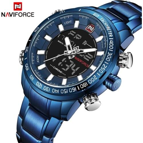 NAVIFORCE Quartz Watches Mens Stainless Steel Band Sport Watch 30M Waterproof Analog LED Digital Dual Display Wristwatches 2019