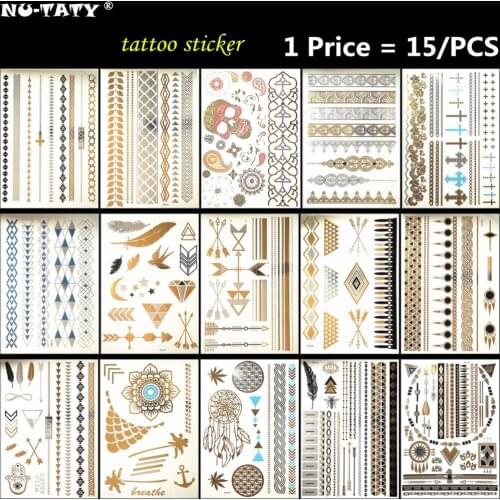 Nu-TATY 15PCS/lot Gold feather Temporary 3D Makeup Tattoos Henna Tatuagem Body Art Flash Tatto Sticker Swimsuit Makeup Tool