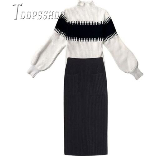 Autumn Winter Pullover Sweater + Split Pencil Skirt Knitted 2 Piece Set