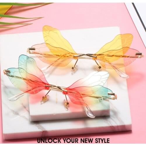 Fashion Rimless Sunglasses Women Vintage Dragonfly Steampunk Sunglasses Men Frameless Gradient Clear Lens Glasses Motorcycle