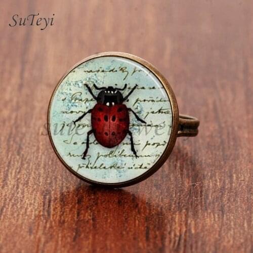 SUTEYI Fashion Ladybug Pattern Ring For Women Insect DIY Silver Plated Jewelry Art Picture Glass Dome Rings For Friend