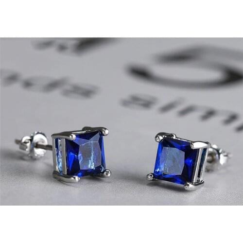 Luxury Crystal Stone Screw Back Earrings 6mm Square Blue Zircon Stud Earrings Vintage Silver Color Small Earrings For Women Gift