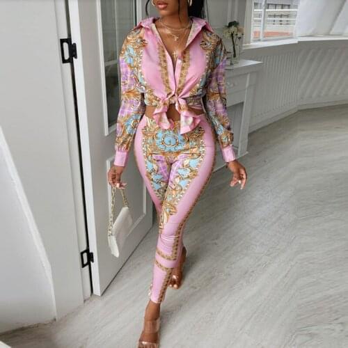 Retro Pattern Print Autumn Two Piece Set Sexy Turn-down Collar Button Women Blouses and Long Pants Suit Spring Tie-Up Bow Outfit