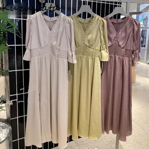 Kuzuwata V Nek Pulolover Long Sleeve Dress Women High Waist Hip A Line Long Vestidos Spring 2021 New Work Style Ol Robe Sim