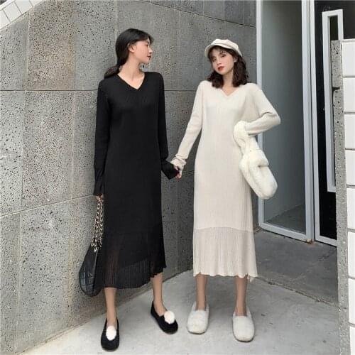 Autumn Women Maxi Dress Long Sleeve Knitted Dress V-neck Long Dresses Plus Size Women Dress