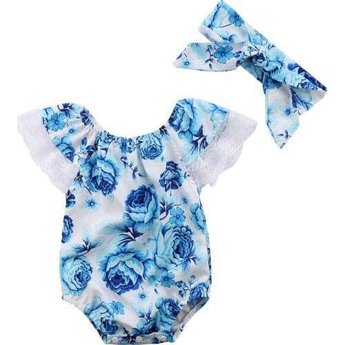 2pcs Newborn Kid Baby Girl Floral Clothes Jumpsuit Sleeveless Bodysuit +Headband Outfits Size 0-24M