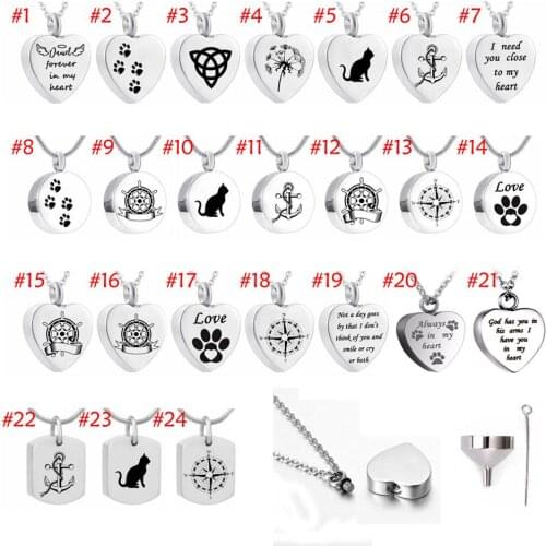 24 styles Stainless Steel Memorial Urn Jewelry Dog Paw Print Cremation Jewelry Ashes Holder Pet Urn Necklace for Ashes Memory