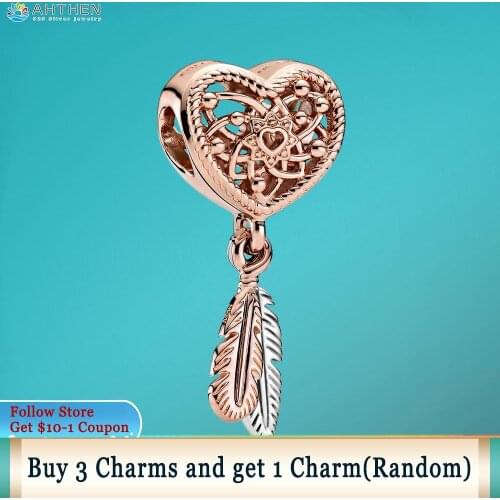 Ahthen 925 Sterling Silver Bead Openwork Heart & Two Feathers Dreamcatcher Charm fit Original Pandora Bracelets Women Girl Gift