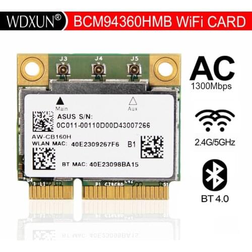 AzureWave AW-CB160H Broadcom BCM94360HMB 802.11AC 1300Mbps Wireless WIFI WLAN Bluetooth 4.0 Mini PCI-E Card + 20cm MHF4 Antennas
