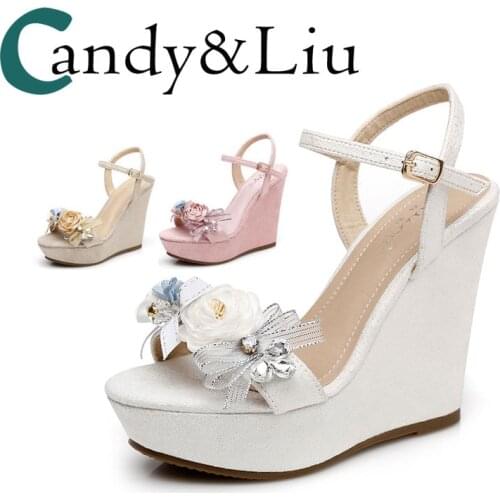 Bride Sandals Elegant Flowers White Pink Nude Summer New Slope Sandal Female Fairy Princess 9cm 12cm High Heel New Design Female