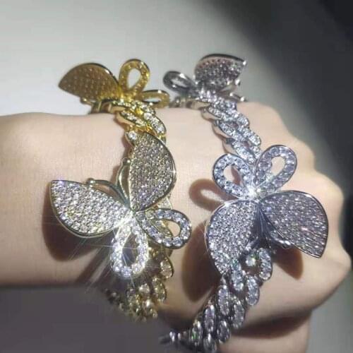 7”- 9“ Micro Paved Cubic Zirconia Bling Ice Out Butterfly Cuban Curb Chain Bracelets for Men Women Hip Hop Rapper Jewelry