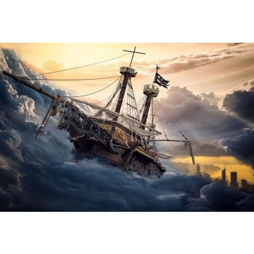 Pirate ship blue clouds city skyline background High quality Computer print children kids photo backdrop