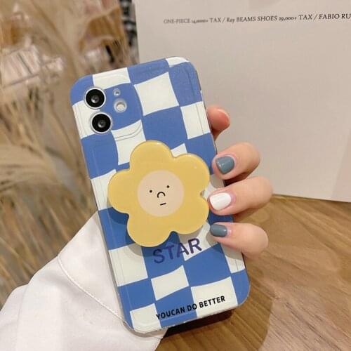 INS Korean Blue Checkerboard Flowers Kickstand phone Case For iphone 7 8 Puls X XR XS 11 12 pro Max soft Clear Shockproof Cover